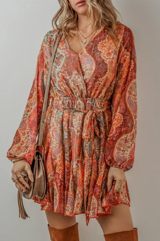 Printed Surplice Long Sleeve Mini Dress Classic Shift Mini Dress