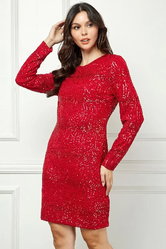 RED SEQUIN LONG SLEEVES ZIP CLOSURE MINI DRESS AVD51916W Elegant Floral-Print Mini Dress RED SEQUIN LONG SLEEVES ZIP CLOSURE MINI DRESS AVD51916W Elegant Floral-Print Mini Dress