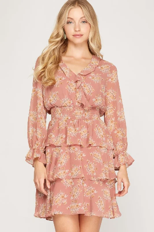 ROSE FLORAL PRINT SMOCKED TIERED LONG SLEEVES MINI DRESS SS7997 Fashionable Polka Dot Mini Dress