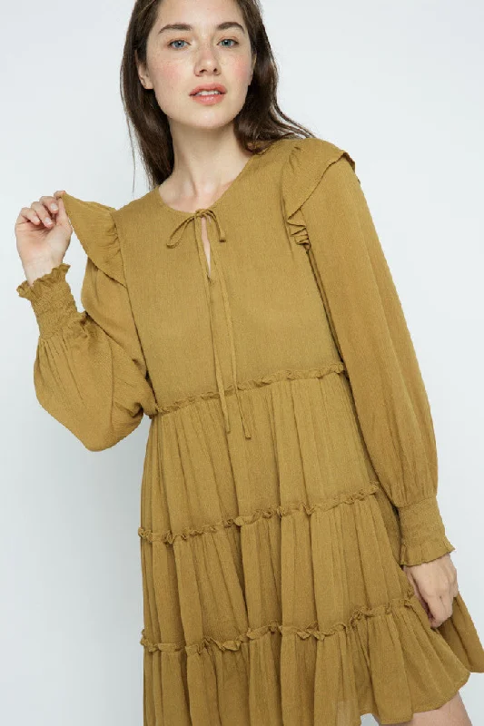 SANDSTORM TIE-NECK SMOCK CUFF SLEEVES  RUFFLED BABYDOLL MINI DRESS  MDR8654 Cozy Wraparound Mini Dress