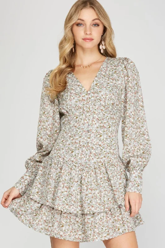 SEAFOAM FLORAL PRINT BUTTON DOWN CUFF LONG SLEEVES MINI DRESS SS8703 Elegant Silk Mini Dress