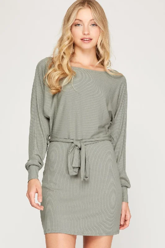 SLATE RIB KNIT DOLMAN LONG SLEEVES SASH WAIST MINI DRESS SS6213 Stylish Ribbed Mini Dress