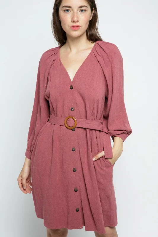 SLATE ROSE V-NECK BUTTON FRONT BELTED MINI DRESS MDR8570 Elegant Mini Dress with Pleats