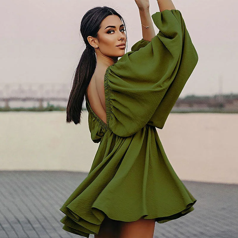 Flowy Ruffle Graceful Swing Mini Dress Comfortable Fit-and-Flare Mini Dress