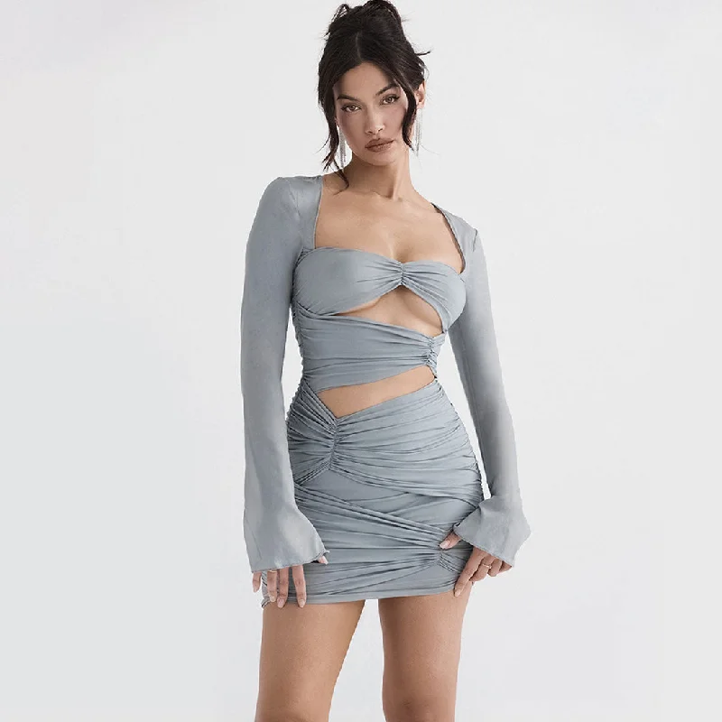 Ruched Cross Over Knitted Modern Long Sleeve Mini Dress Cozy Knit Mini Dress