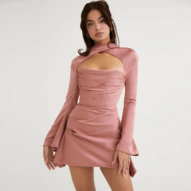 Long Sleeve Draped Satin Modern Mini Dress - Black Fashionable Summer Mini Dress