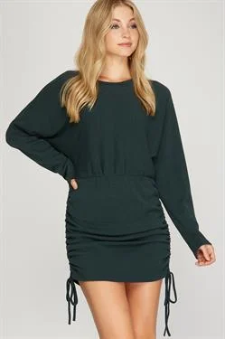 TEAL GREEN DOLMAN SLEEVES W/DRAWSTRING RUCHED SIDES KNIT MINI DRESS S8SS8909 Cozy Cotton Mini Dress