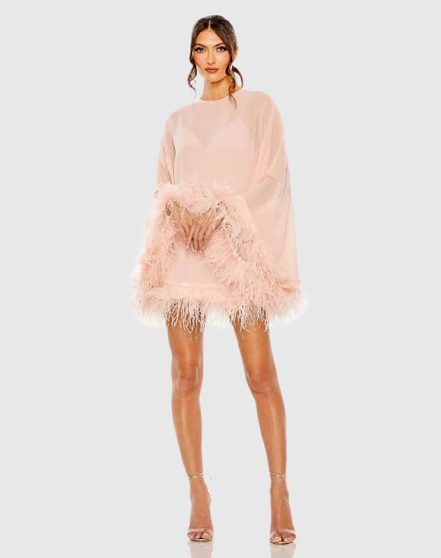 Trapeze Feather Trim Mini Dress Classic Striped Mini Dress