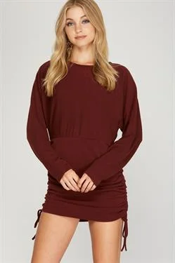 WINE DOLMAN SLEEVES W/DRAWSTRING RUCHED SIDES KNIT MINI DRESS S8SS8909 Trendy Floral Mini Dress