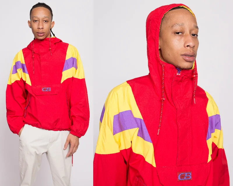 80s Red Color Block Windbreaker Hoodie - Men's Medium Hoodie with Frayed Bohemian Relaxed