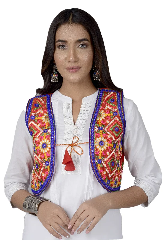 Cotton Kutchi Embroidered Short Jacket/Koti/Shrug (CJK-03) -Red Stand-Up Collar Roll-Neck Collar Turtle Neck Cotton Kutchi Embroidered Short Jacket/Koti/Shrug (CJK-03) -Red Stand-Up Collar Roll-Neck Collar Turtle Neck