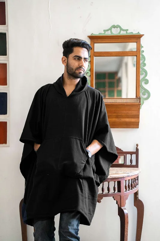 Black Poncho Hoodie - Solid (Male) Hoodie with Toggle Buttons Decorative Unique