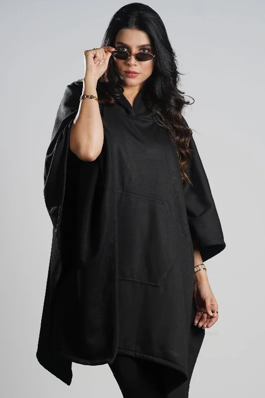 Black Poncho Hoodie - Solid (Female) Hoodie with Slit Hem Functional Movement
