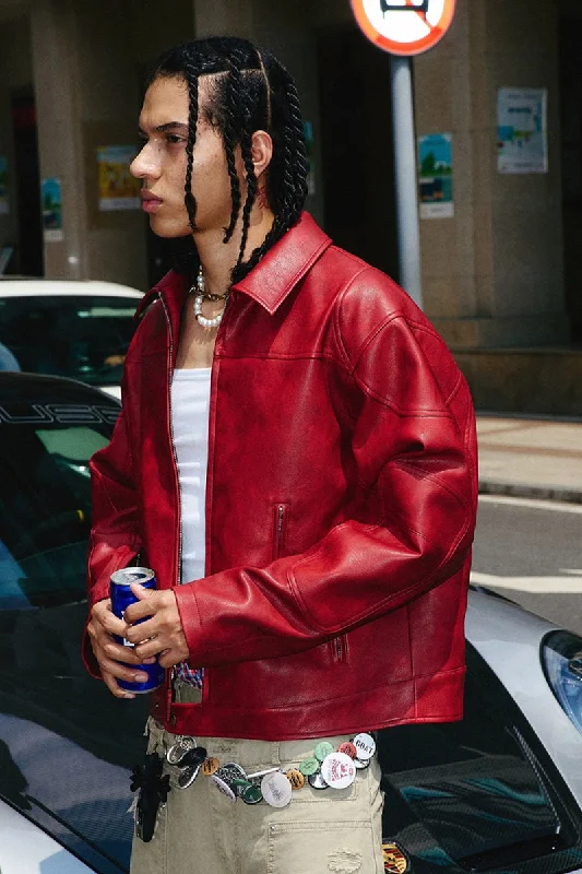 Burgundy Washed Cropped Leather Jacket Cotton Jacket Linen Jacket Terry Jacket