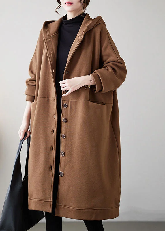 Casual Camel Button Warm Fleece Thick Hoodie Maxi Coat Winter Hoodie with Elastic Waist Stretchable Comfortable