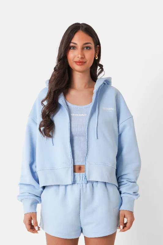 Sweatshirt zippé décontractée capuche Bleu clair Hoodie with Button Placket Classic Preppy