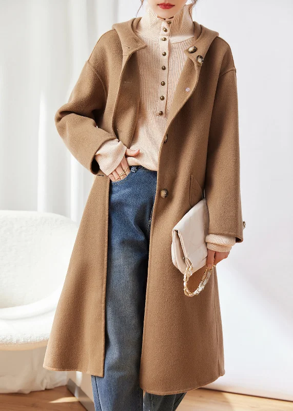 Classy Khaki Pockets Button Patchwork Woolen Hoodies Coat Winter Hoodie Jacket Zipper Layering