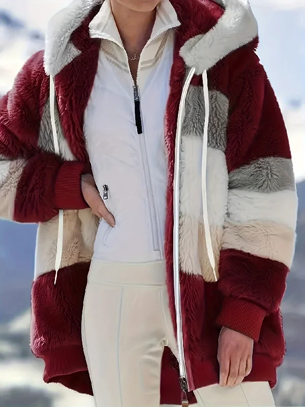 "Color Block Fuzzy Hooded Coat - Jackets In Winter Cozy Long Sleeve Winter Jacket" A-Line Jacket Boat Neck Shawl Collar "Color Block Fuzzy Hooded Coat - Jackets In Winter Cozy Long Sleeve Winter Jacket" A-Line Jacket Boat Neck Shawl Collar