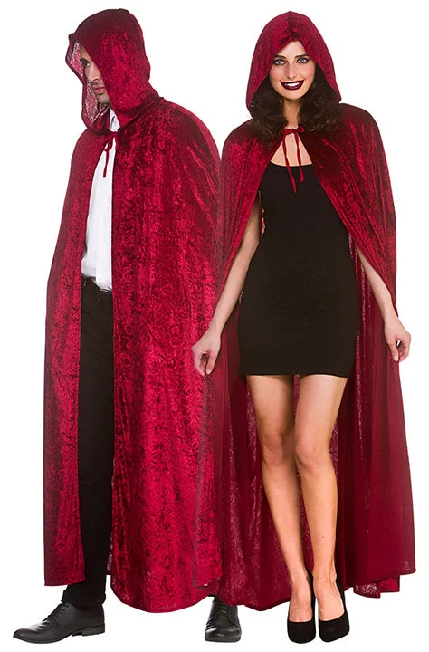 Halloween Deep Red Velvet Hooded Cape Costume Accessory Hoodie with Hem Fringe Bohemian Relaxed