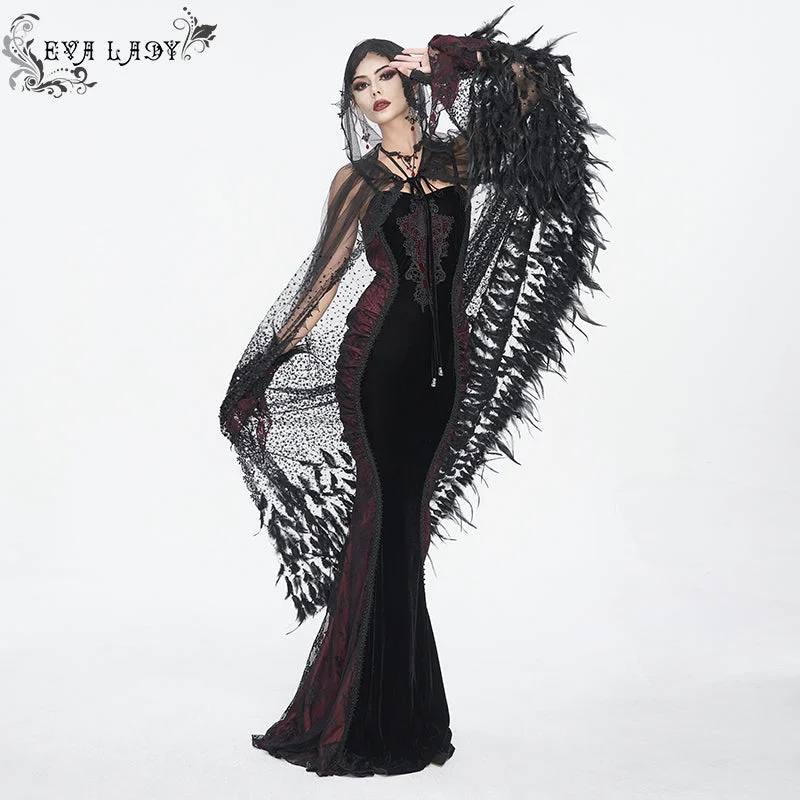 ECA016 Gothic sequined feather hooded women's long cloak Hoodie with Hem Drawcord Adjustable Customizable