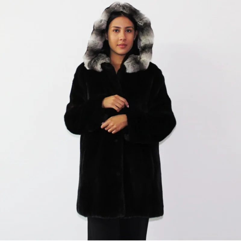 EPSILON Blackglama jacket with chinchilla trimming hood Welt Pockets Slit Pockets Flap Pockets EPSILON Blackglama jacket with chinchilla trimming hood Welt Pockets Slit Pockets Flap Pockets