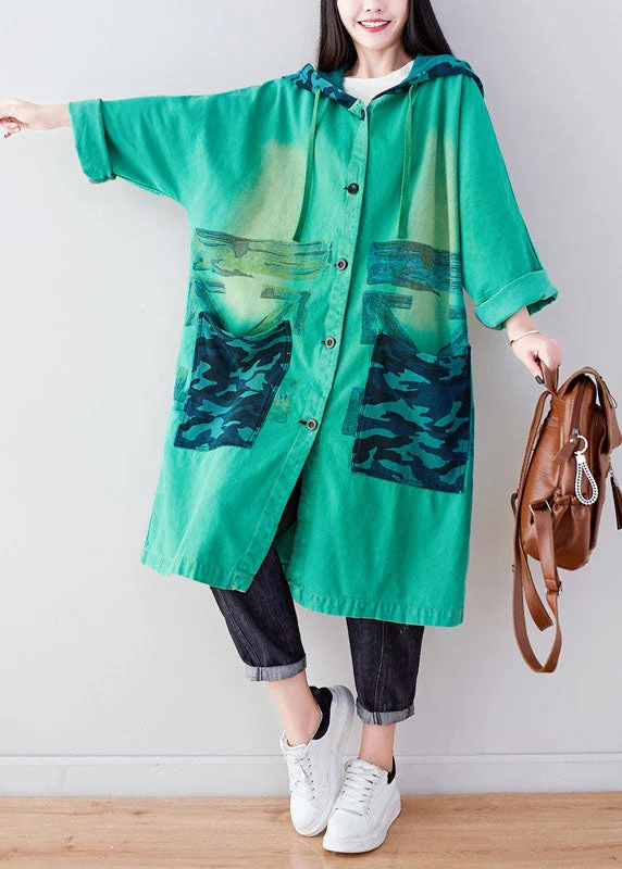 Fashion Green Hooded Print Cotton Hoodie Coat Spring Hooded Sweatshirt Casual Wear Street Style