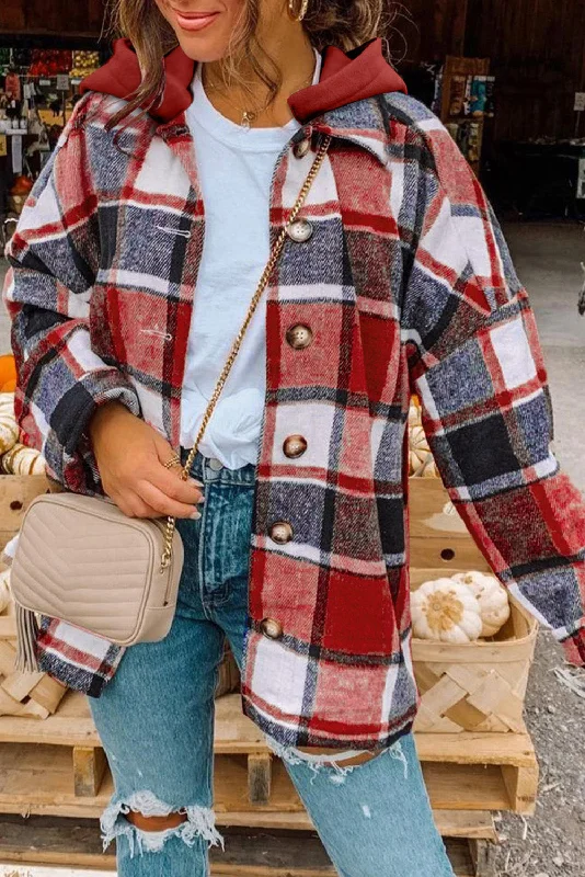 Fiery Red Hooded Plaid Button Front Shacket Hoodie with Relaxed Fit Easy Casual