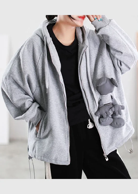 Fine Grey Hooded Pockets Warm Fleece Sweatshirts Top Spring Coat Hoodie with Pocket Utility Practical