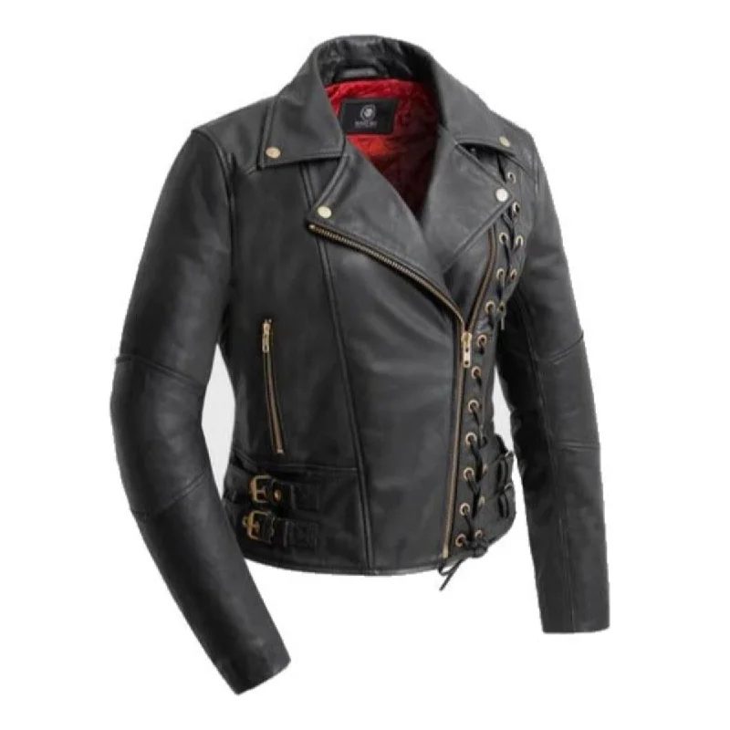 First Manufacturing Gisele - Women's Moto Style Leather Jacket, Black Front Pockets Side Pockets Patch Pockets