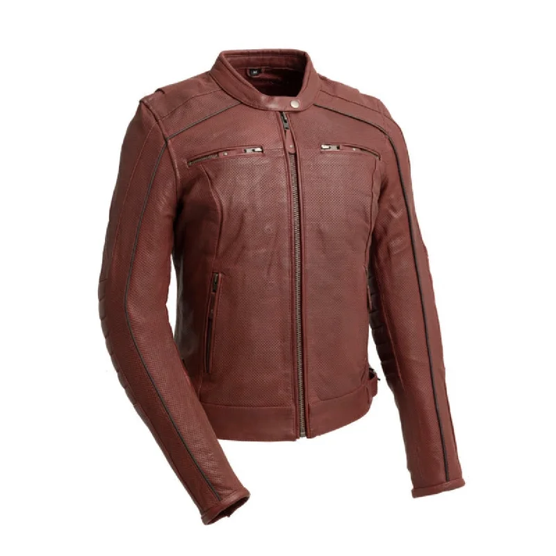 First Manufacturing Jada - Women's Perforated Leather Motorcycle Jacket, Oxblood Zippered Jacket Buttoned Jacket Snapped Jacket First Manufacturing Jada - Women's Perforated Leather Motorcycle Jacket, Oxblood Zippered Jacket Buttoned Jacket Snapped Jacket