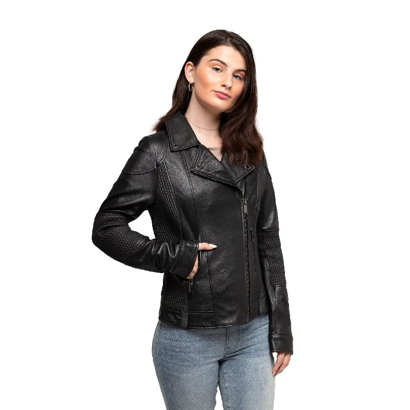 First Manufacturing Lindsay - Women's Fashion Leather Jacket, Black Notch Collar Jacket Peter Pan Collar Jacket Cowl Neck Jacket First Manufacturing Lindsay - Women's Fashion Leather Jacket, Black Notch Collar Jacket Peter Pan Collar Jacket Cowl Neck Jacket