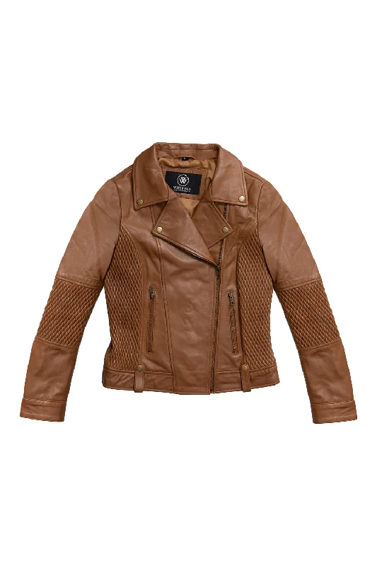 First Manufacturing Lindsay - Women's Fashion Leather Jacket, Dark Cognac Wool Fabric Cashmere Fabric Tweed Fabric First Manufacturing Lindsay - Women's Fashion Leather Jacket, Dark Cognac Wool Fabric Cashmere Fabric Tweed Fabric