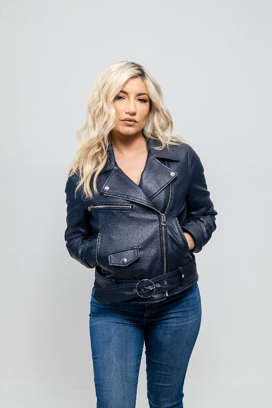 First Manufacturing Remy - Women's Vegan Faux Leather Jacket, Navy Blue Insulated Jacket Fitted Jacket Loose Jacket