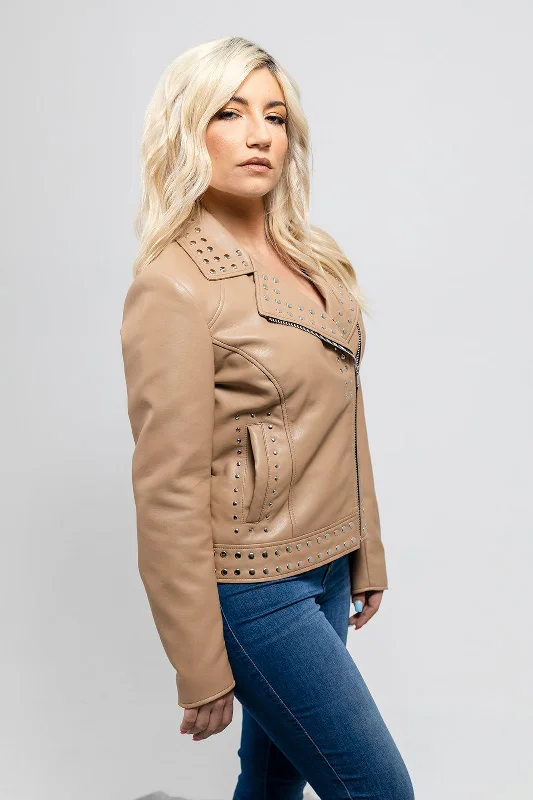 First Manufacturing Sandy - Women's Vegan Leather Jacket, Beige Hoodie Zip-Up Jacket Button-Up Jacket First Manufacturing Sandy - Women's Vegan Leather Jacket, Beige Hoodie Zip-Up Jacket Button-Up Jacket