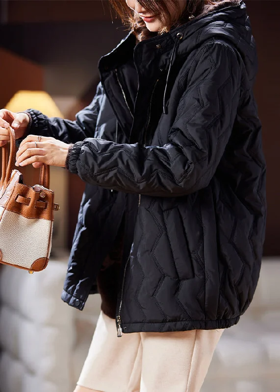 French Black Hooded Zippered Pockets Cotton Filled Parka Long Sleeve Hoodie Sweatshirt Pullover