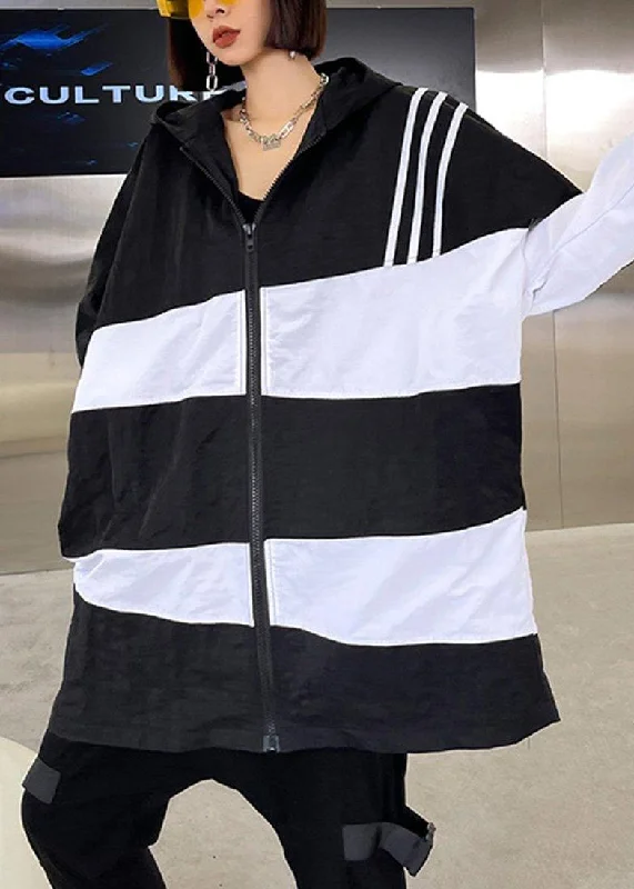 French Black White Cotton Cinched zippered Hoodies Outwear Spring Hoodie with Hem Contrast Bold Stylish