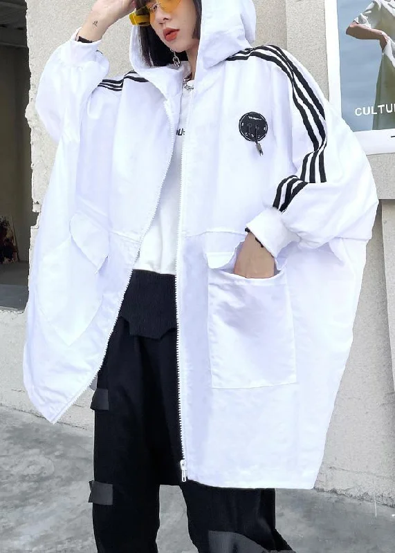 French White Letter Pockets Spring Hoodies Cotton Outwear Oversized Hoodie Comfort Casual