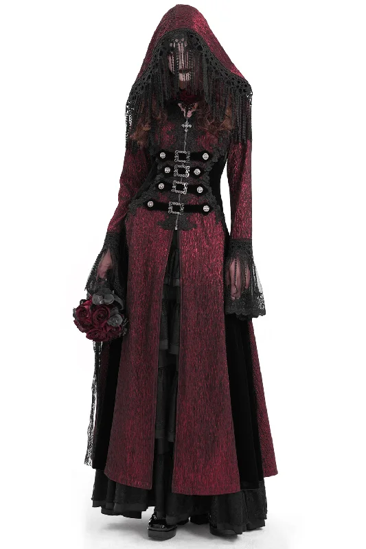 Gothic Long Cape with Hooded Lace and Button Details Hoodie with Contrast Stitching Detailed Premium