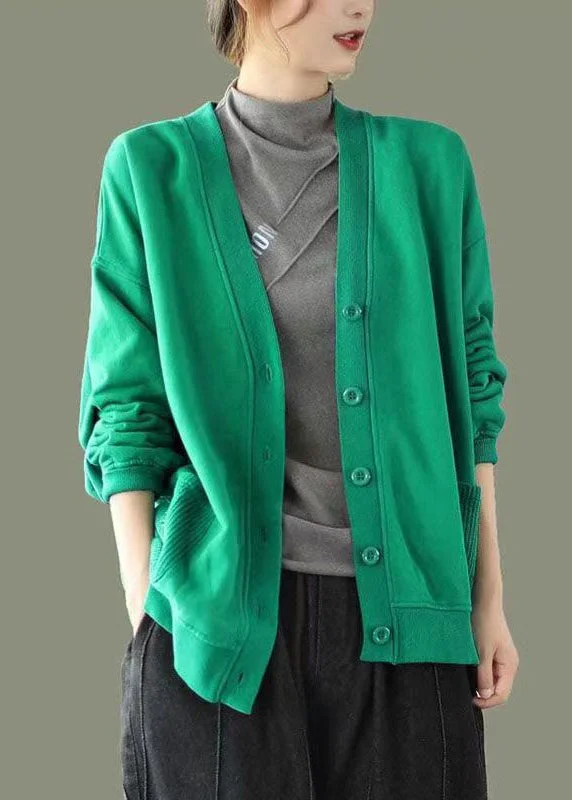 Green Button Pockets Patchwork Warm Fleece Sweatshirt Coat V Neck Long Sleeve Hoodie with Set-In Sleeves Structured Classic