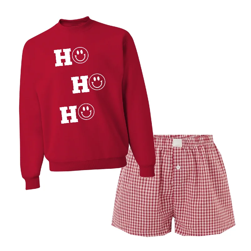 HO HO HO Red Sweatshirt Checkered Boxer Set Hoodie with Neon Bright Vibrant