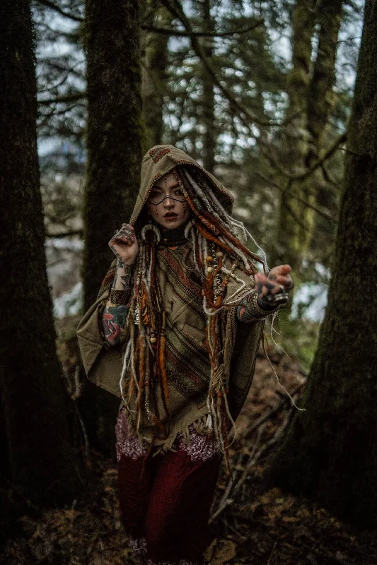 HODDI Hooded Wool Poncho Desert Sand Tribal Cashmere and Acrylic Wool Embroidery Pockets Fairy Boho Festival Nomadic Primitive Hippie AJJAYA Hoodie with Hidden Zipper Minimalist Clean