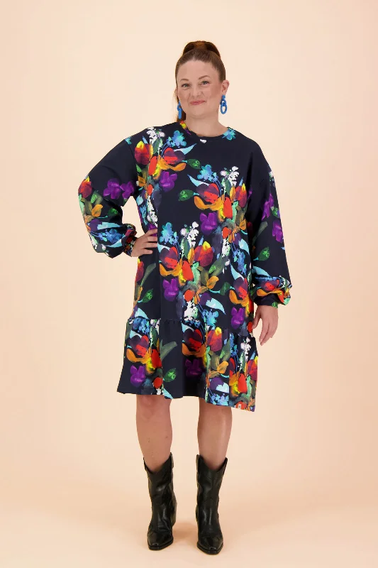 Ruffle Sweatshirt Dress Black Bouquet Hoodie Dress Longline Feminine