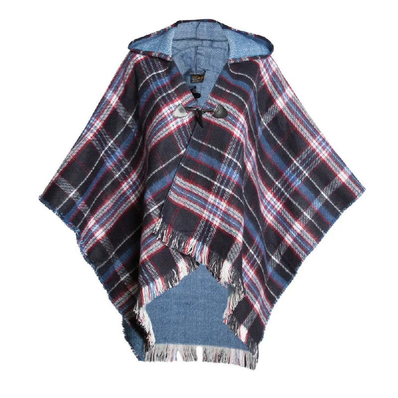 Ladies Hooded Tartan Poncho - Blue Hoodie with Contrast Stitching Detailed Premium