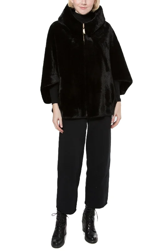 Lisbon - Reversible Faux-Mink Hooded Cape Hoodie with Drawcord Adjustable Secure