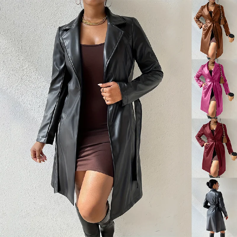 Long Sleeve Lapel PU Leather Jacket With Pockets Slim Fit Long Trench Coat Women's Clothing Tiered Jacket Buttoned Jacket Zippered Jacket Long Sleeve Lapel PU Leather Jacket With Pockets Slim Fit Long Trench Coat Women's Clothing Tiered Jacket Buttoned Jacket Zippered Jacket