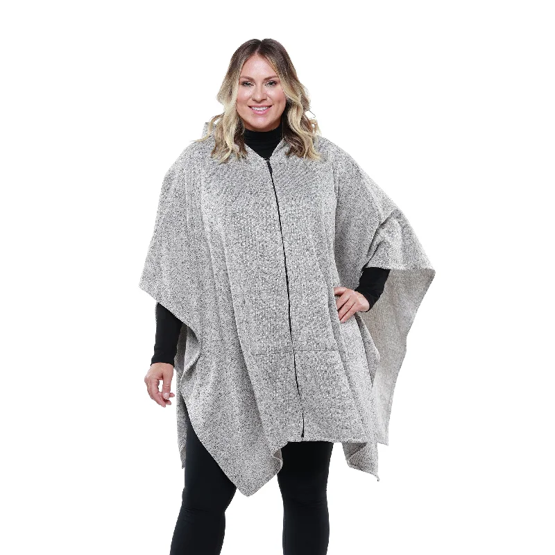Heather Anne Hooded Full Zip Marl Knit Fleece Poncho Hoodie with Hem Detail Decorative Unique Heather Anne Hooded Full Zip Marl Knit Fleece Poncho Hoodie with Hem Detail Decorative Unique