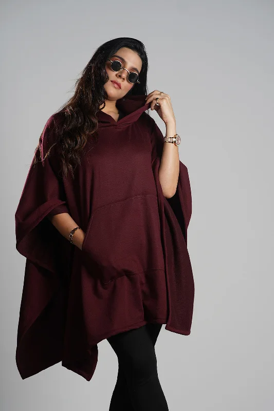 Maroon Poncho Hoodie Hoodie with Hem Embroidery Detailed Premium
