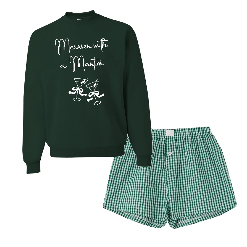Merrier than a Martini Green Sweatshirt Checkered Boxer Shorts Set Hoodie with Monochrome Minimalist Simple