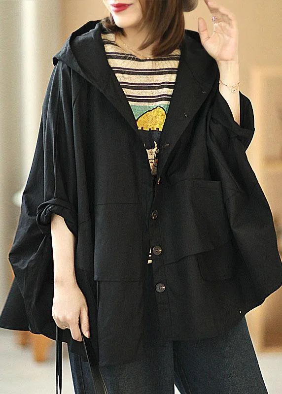 Modern Black Loose Button Pockets Fall Hoodie Coat Hoodie with Front Slit Layering Stylish