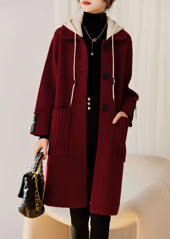 Modern Red Drawstring Button Woolen Hoodies Coats Long Sleeve Hoodie with Ribbed Cuffs Snug Fit Comfort